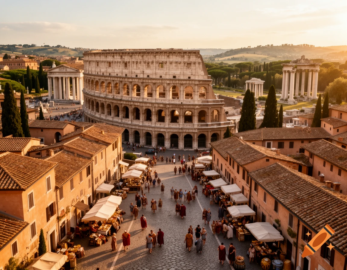 Panoramic view of an ancient Roman city with the Colosseum, temples, and a bustling market street at sunset, photorealistic.