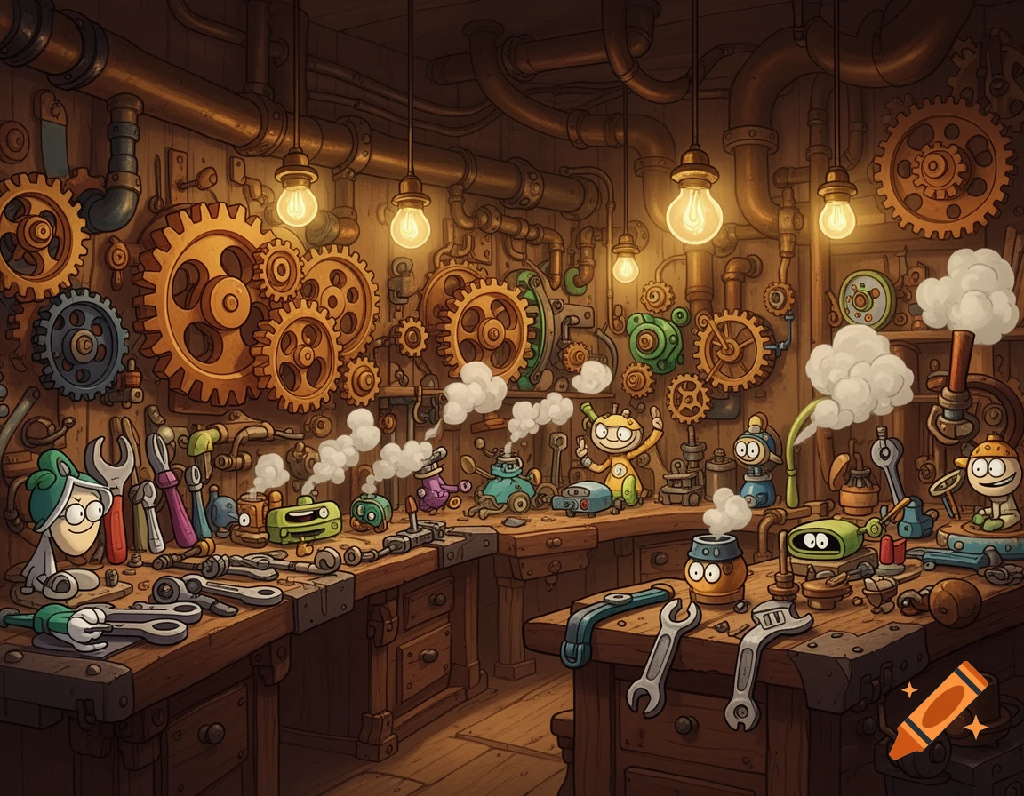 A detailed cartoon workshop scene with gears, pipes, tools, and whimsical robot-like characters working at wooden benches under warm light bulbs.