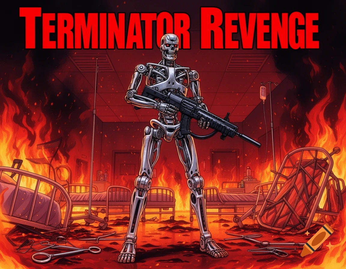A T-800 endoskeleton with a machine gun stands in a burning, destroyed hospital. The image is styled as an action anime poster with 'TERMINATOR REVENGE' at the top.