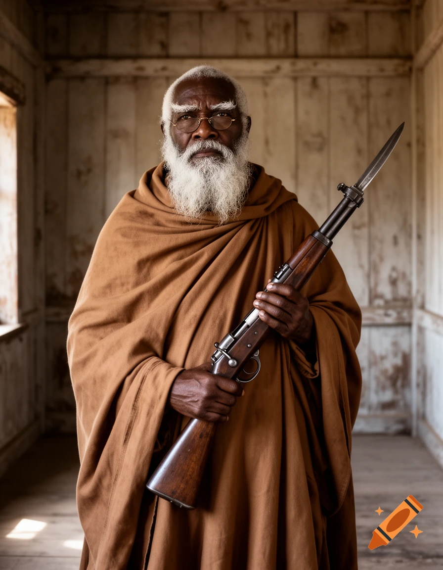Photorealistic portrait of an old man with a white beard, wearing a brown robe, holding a rifle with a bayonet.