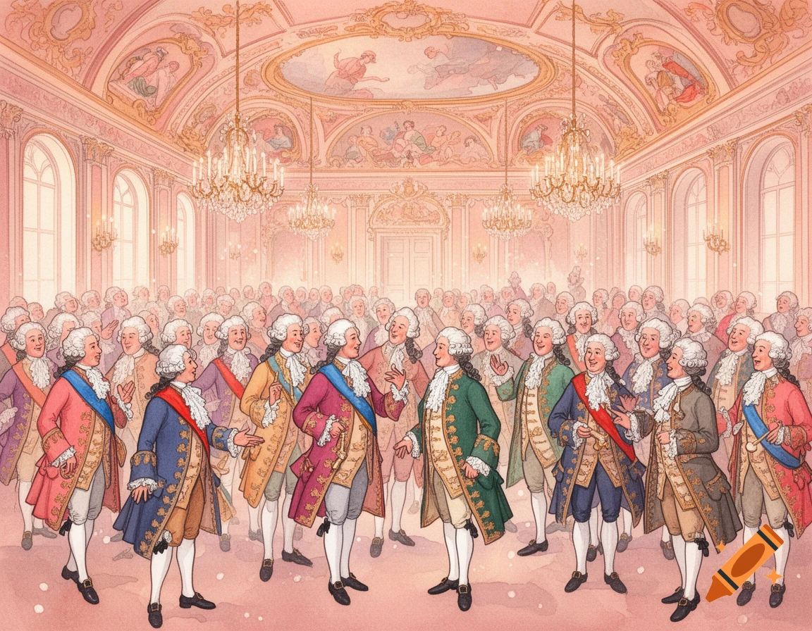A watercolor illustration of many 18th-century noblemen in elaborate attire socializing in a grand, ornate ballroom with chandeliers and painted ceilings.