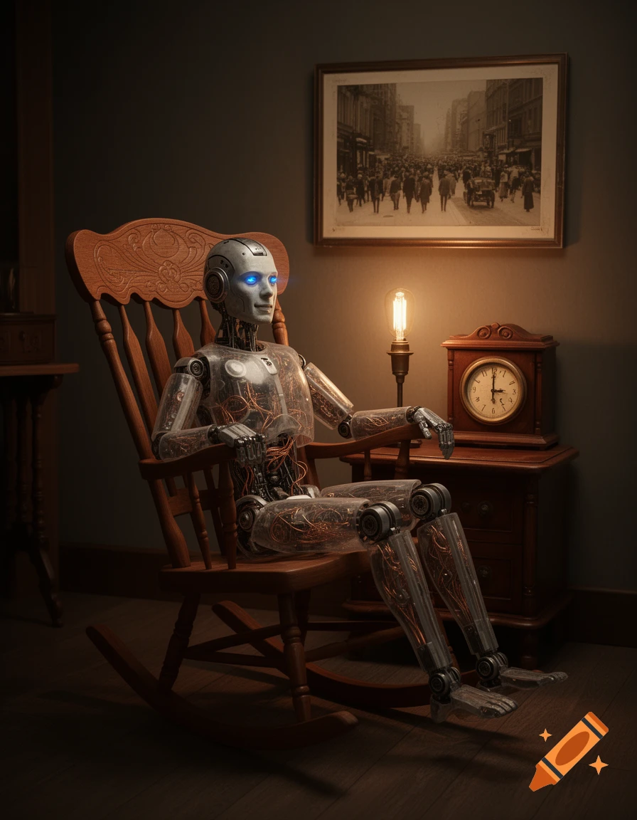 A photorealistic transparent humanoid robot with glowing blue eyes sits in a wooden rocking chair in a vintage room.