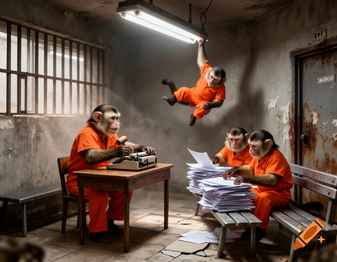 Four monkeys wearing orange jumpsuits in a dirty, cell-like room. One monkey types on a typewriter, two sort papers on a bench, and one swings from a fluorescent light fixture. Photorealistic style.