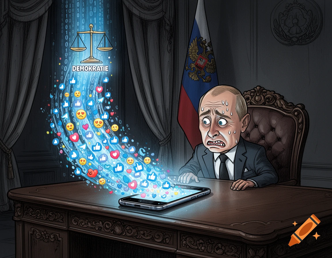 A political cartoon depicts a stressed Vladimir Putin looking at a smartphone emitting social media icons, binary code, and the word "DEMOKRATIE".