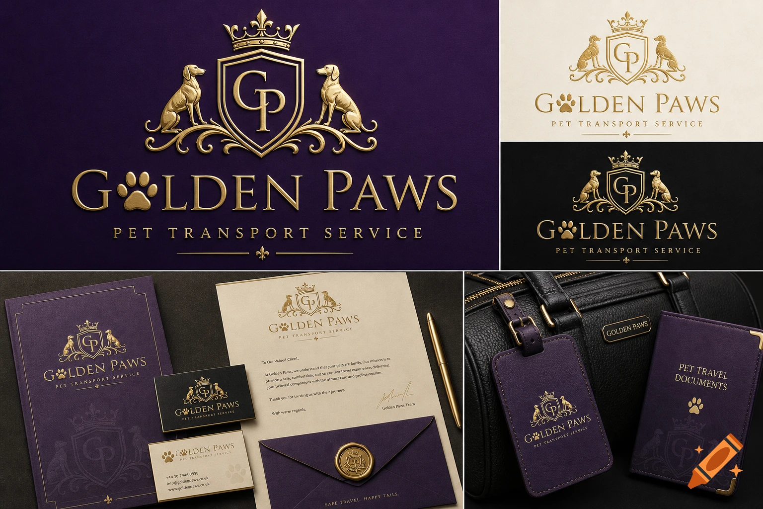 Luxury branding for Golden Paws Pet Transport Service: gold logo with dogs and paw print on purple, black, ivory backgrounds, on stationery, bag, and travel documents.
