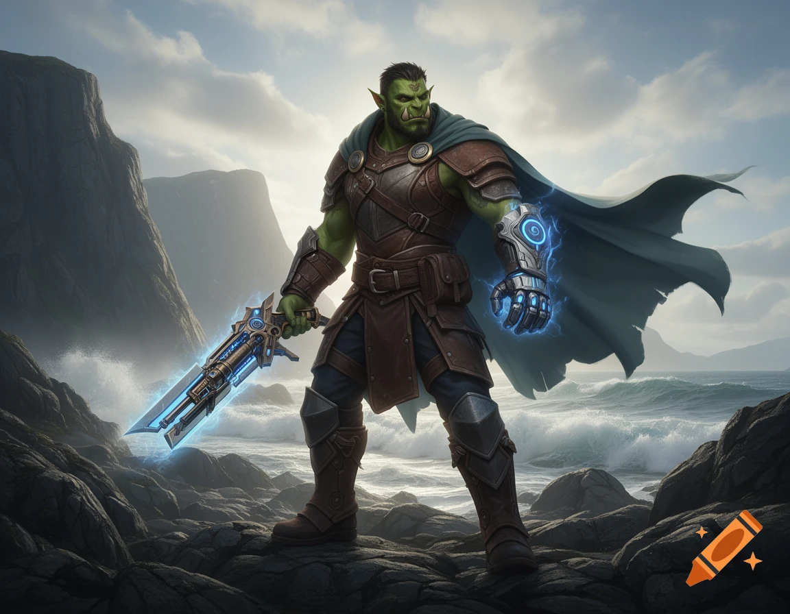 An armored, green-skinned orc warrior with a blue glowing sword and gauntlet stands on a rocky coast under a cloudy sky.