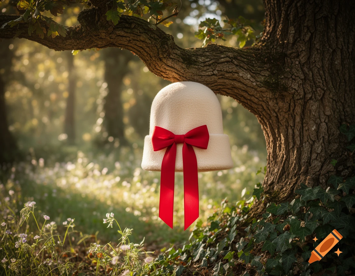 A cream-colored cloche hat with a red bow hangs from a tree branch in a sunlit forest.