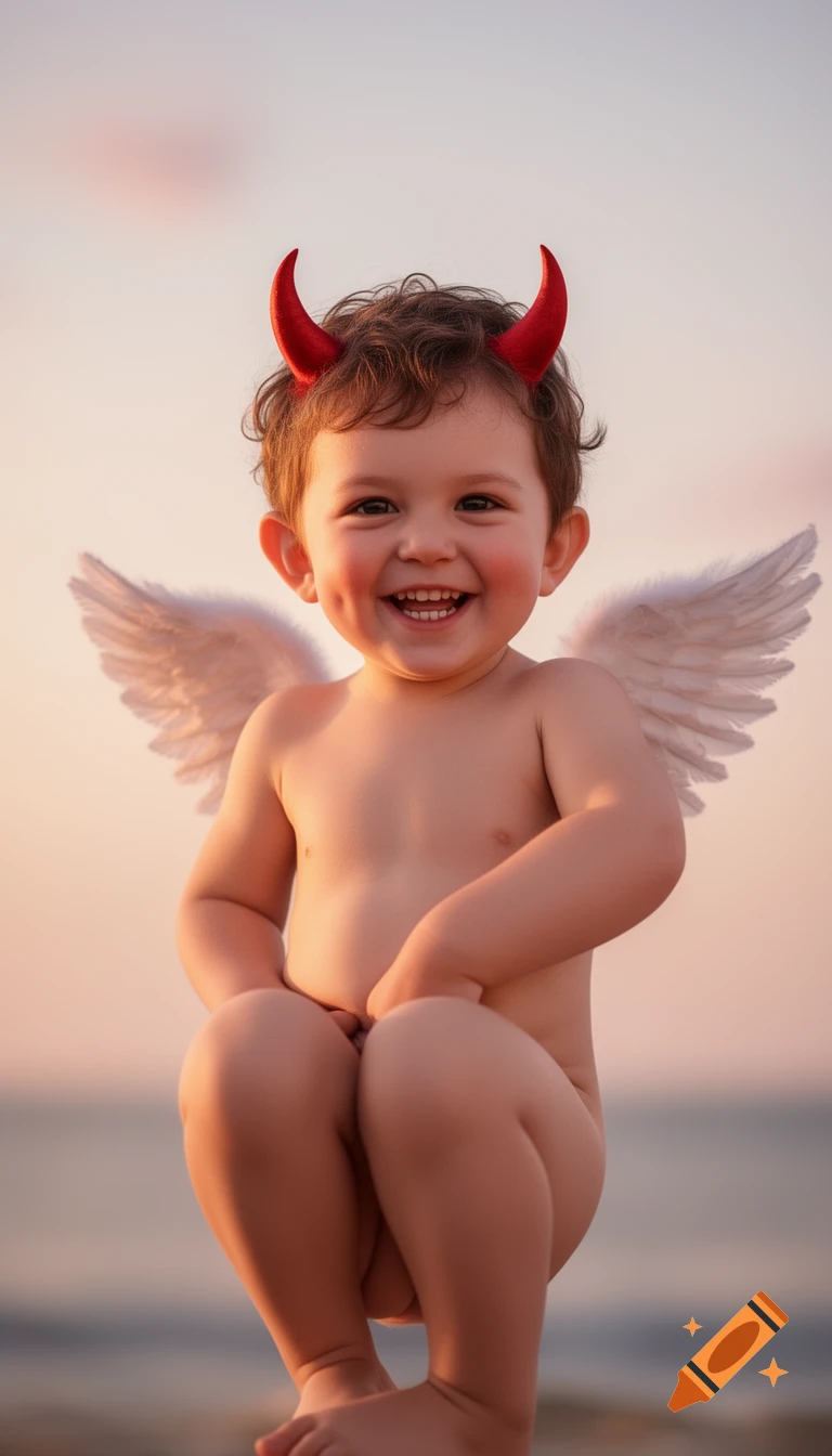 Photorealistic portrait of a cute, smiling baby with devil horns and angel wings, sitting outdoors at sunset.
