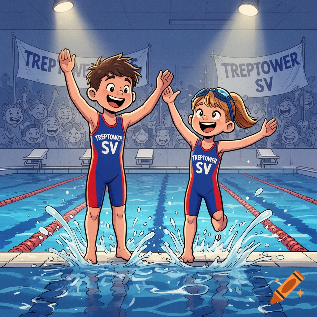 A boy and girl in blue swimsuits celebrate in a pool, cheering with water splashing, with "Treptower SV" banners in the background, in comic art style.