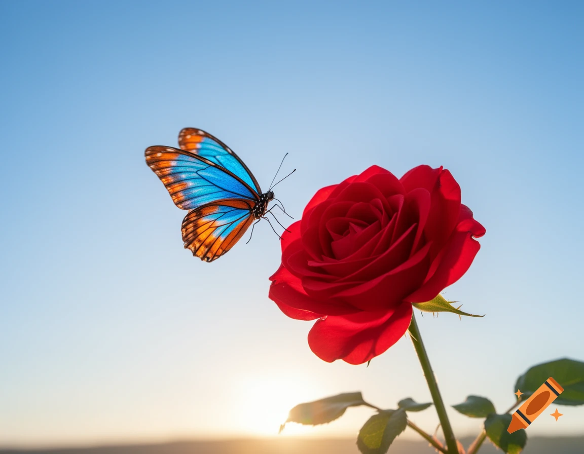 A vibrant blue and orange butterfly hovers near a red rose against a clear blue sky with a subtle sun glow.