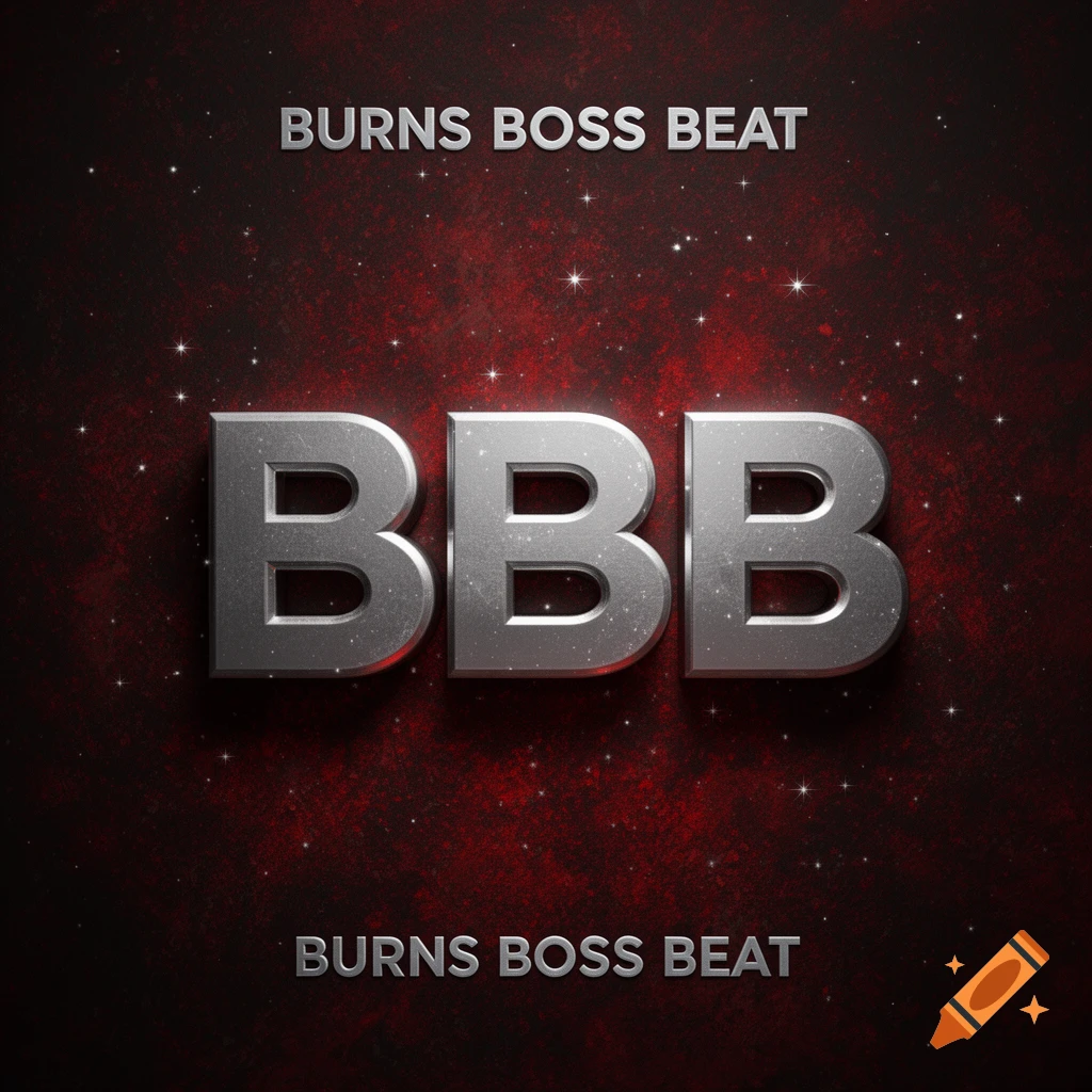 3D silver letters BBB on a dark red textured background with 'BURNS BOSS BEAT' text and tiny stars, designed like an album cover.