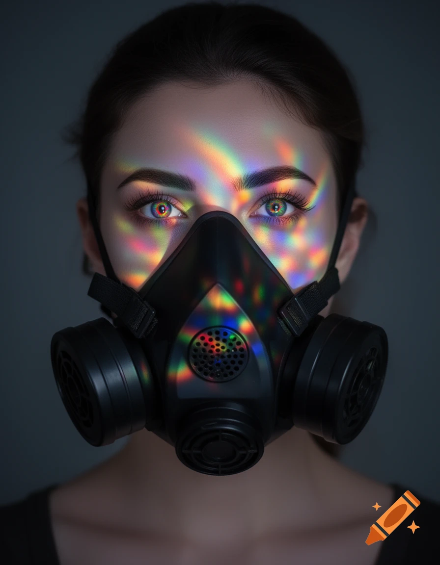 Close-up of a woman wearing a black gas mask, with colorful rainbow light reflections on her face and eyes.