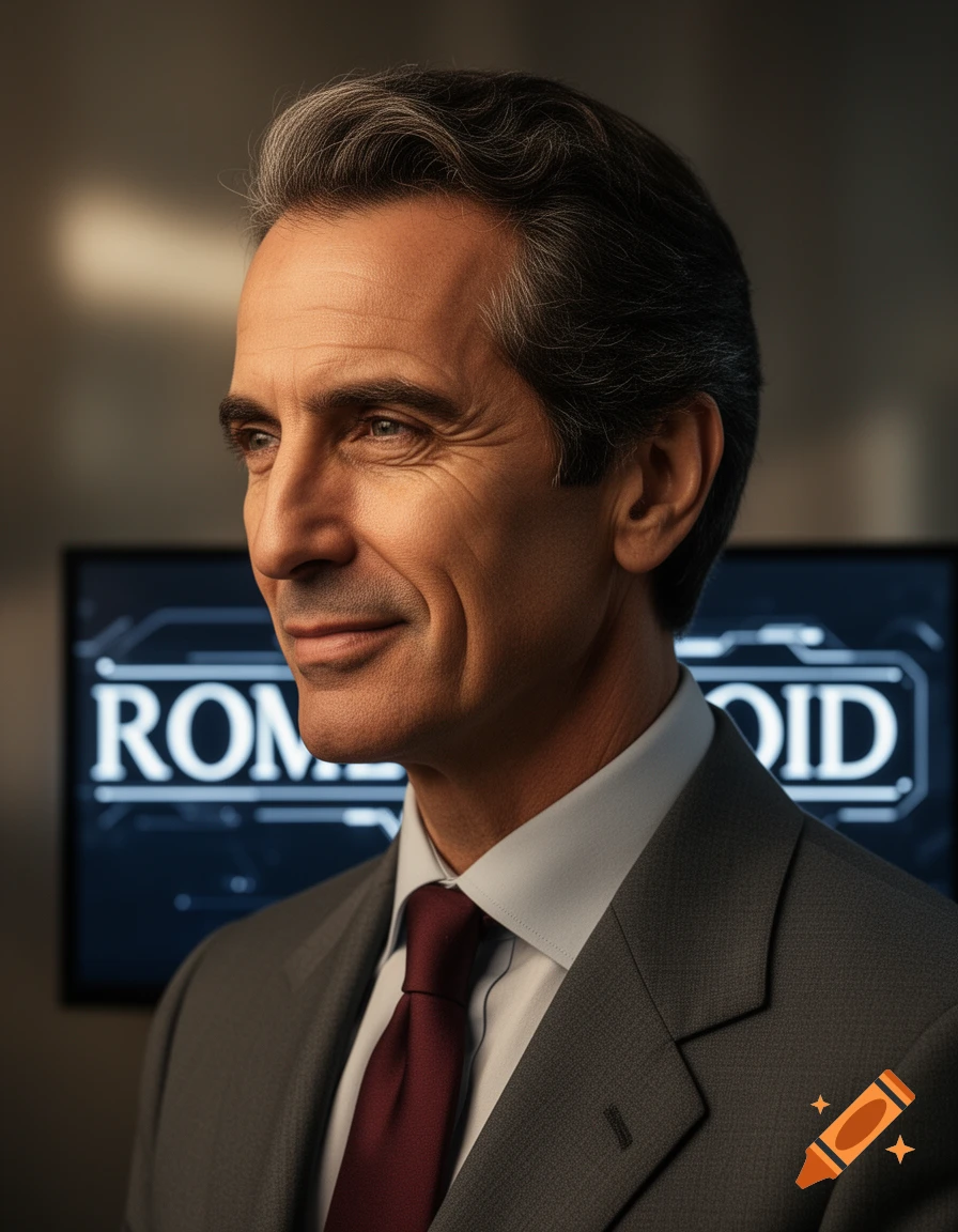 A photorealistic portrait of a smiling man in a grey suit and red tie, looking left, with a screen in the background.