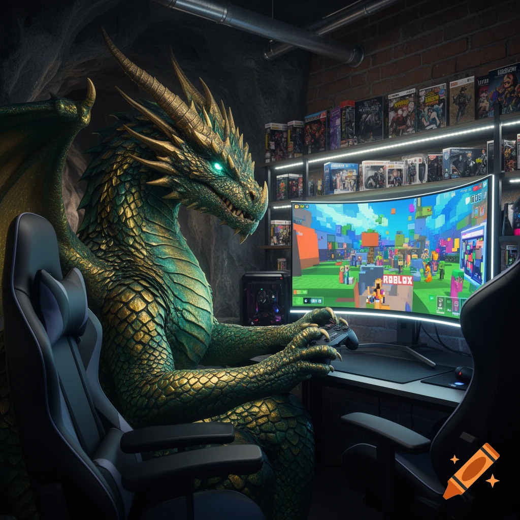 A photorealistic green and gold dragon sits in a gaming chair, holding a controller and playing Roblox on a curved monitor in a cave-like room.