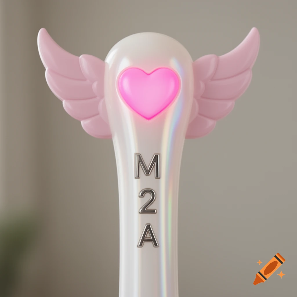 Pearlescent white lightstick with light pink wings, a glowing pink heart, and 'M2A' in silver on its shaft.