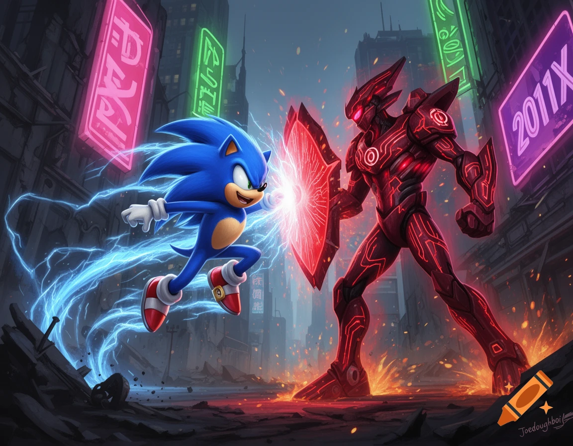 Vibrant digital art of Sonic the Hedgehog unleashing blue lightning, clashing with the red robot 2011X in a ruined cyberpunk city.