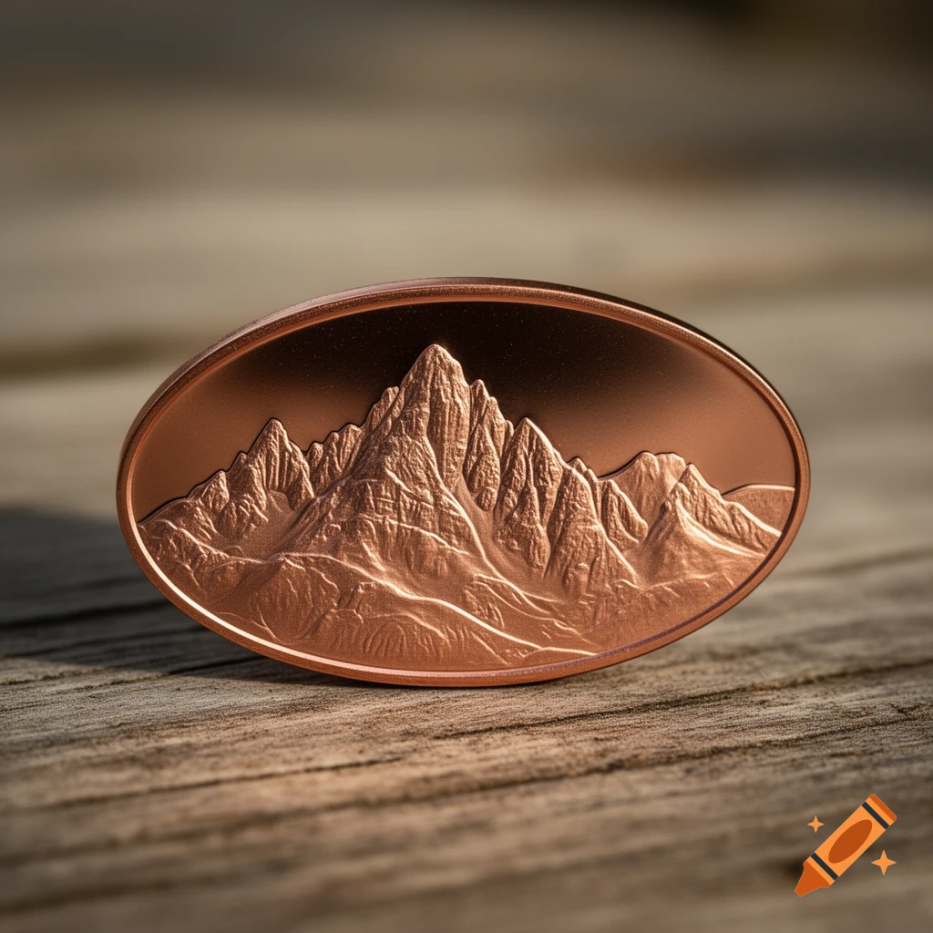 An oval copper medallion featuring a detailed relief of a majestic mountain range, resting on a rustic wooden table.