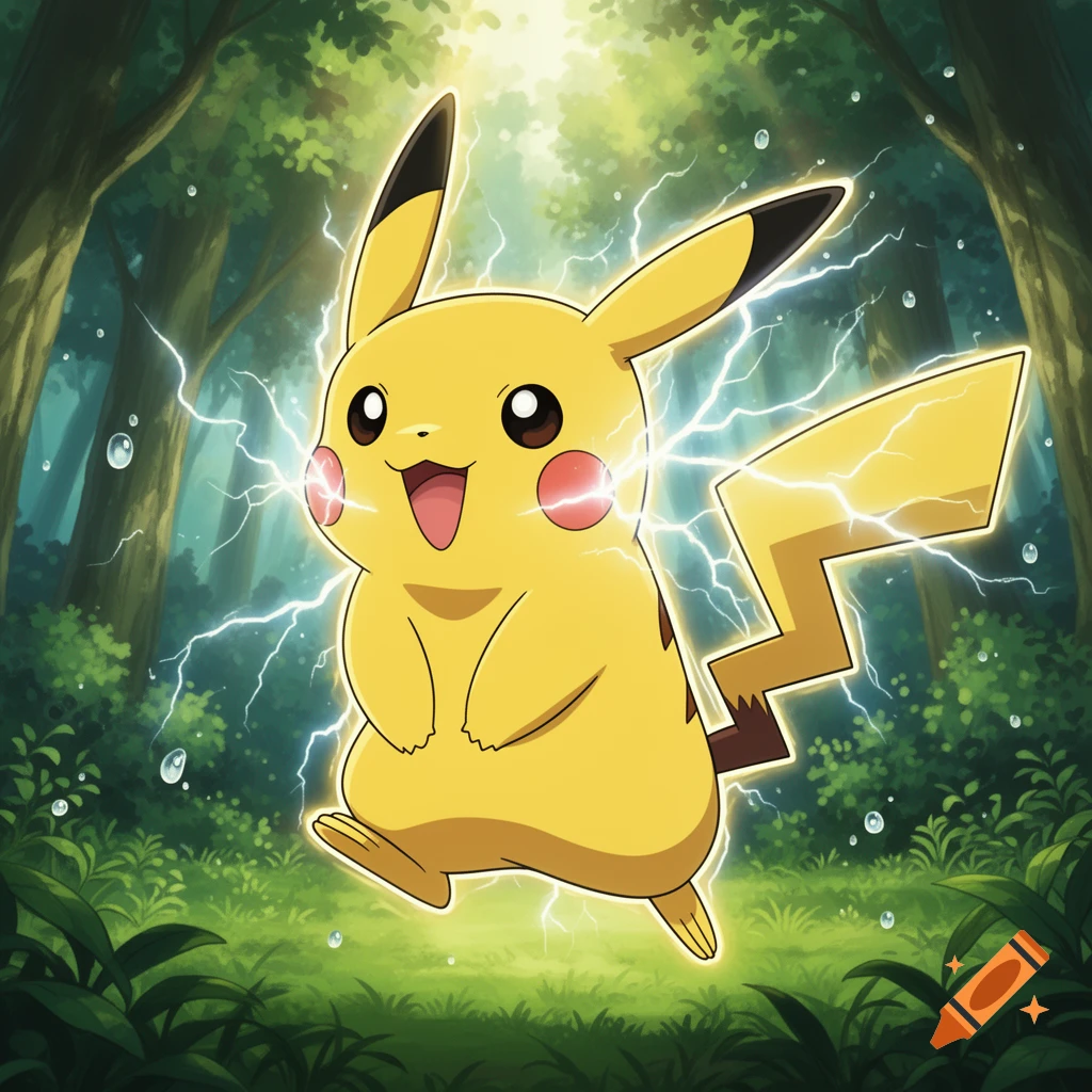 Pikachu, with glowing red cheeks, crackling electricity, and a happy expression, running through a vibrant green forest.