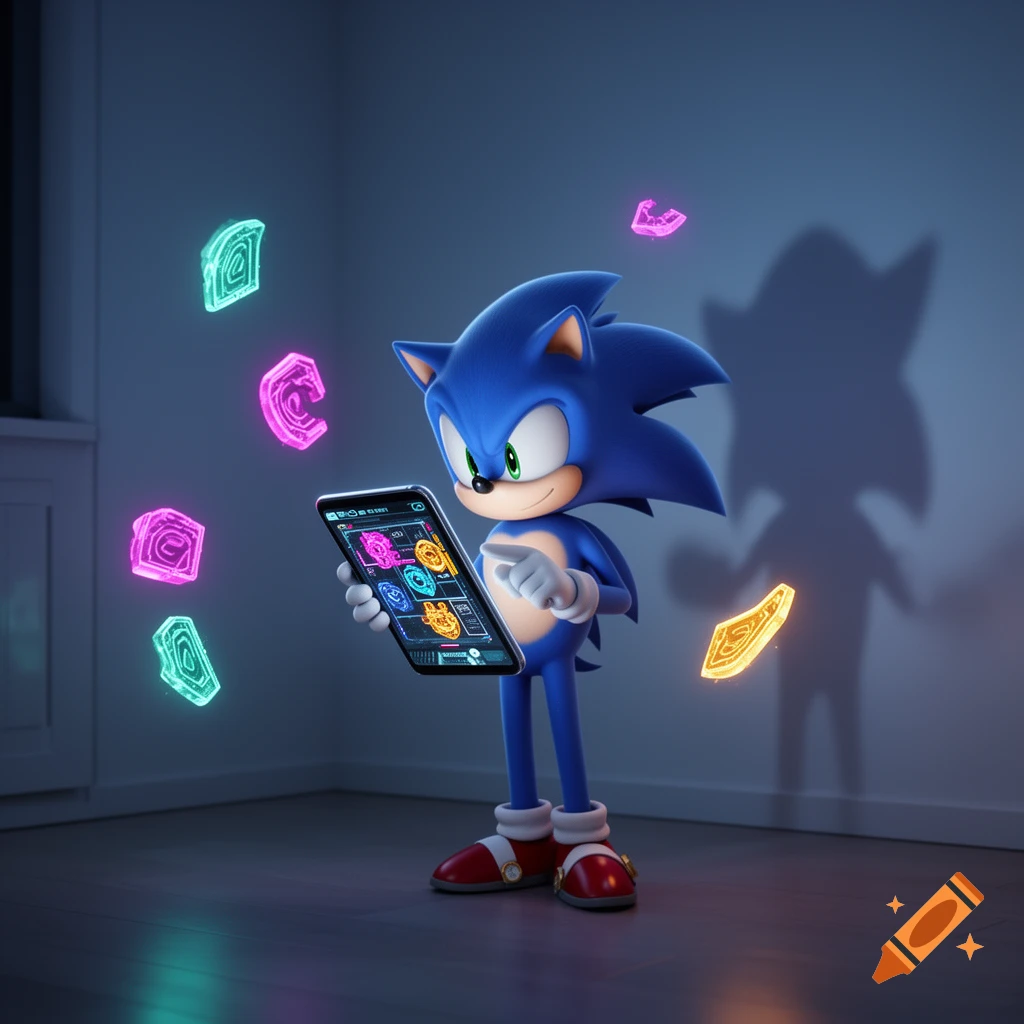 CGI Sonic the Hedgehog in an apartment, looking at a smartphone with glowing abstract shapes around him.