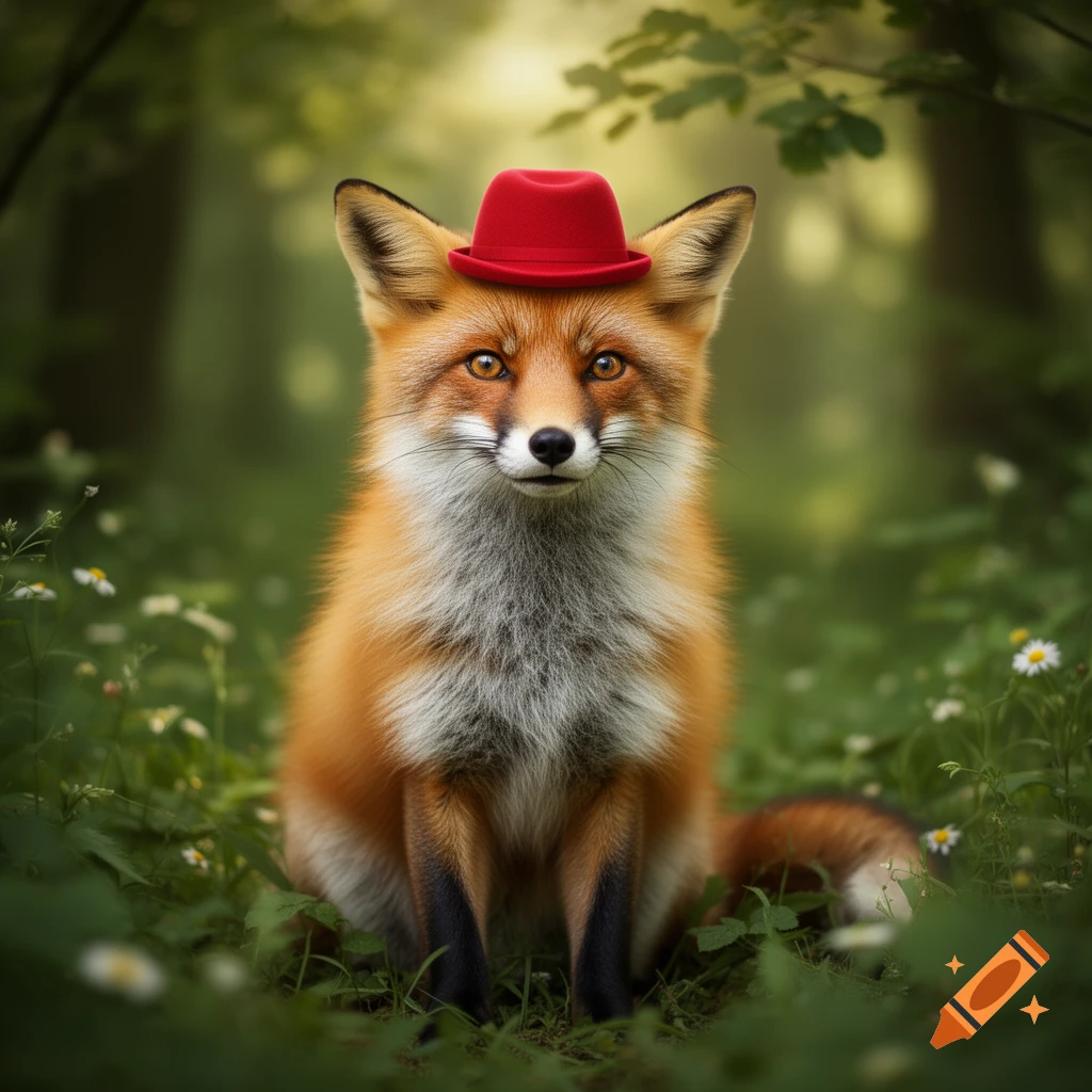 A photorealistic red fox wearing a small red hat sits in a green forest with white flowers.