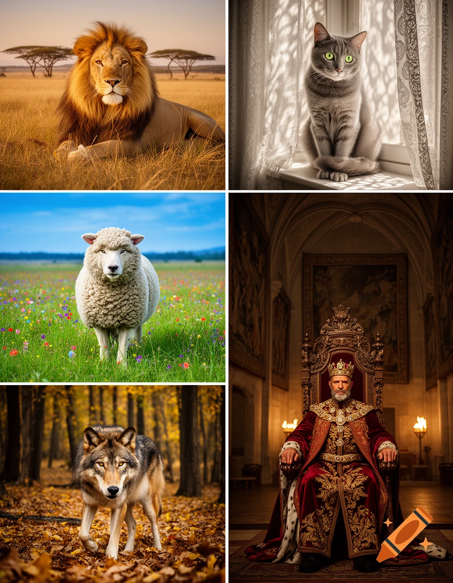 A grid of five images showing a lion, a grey cat, a fluffy sheep, a wolf, and a king on a throne.