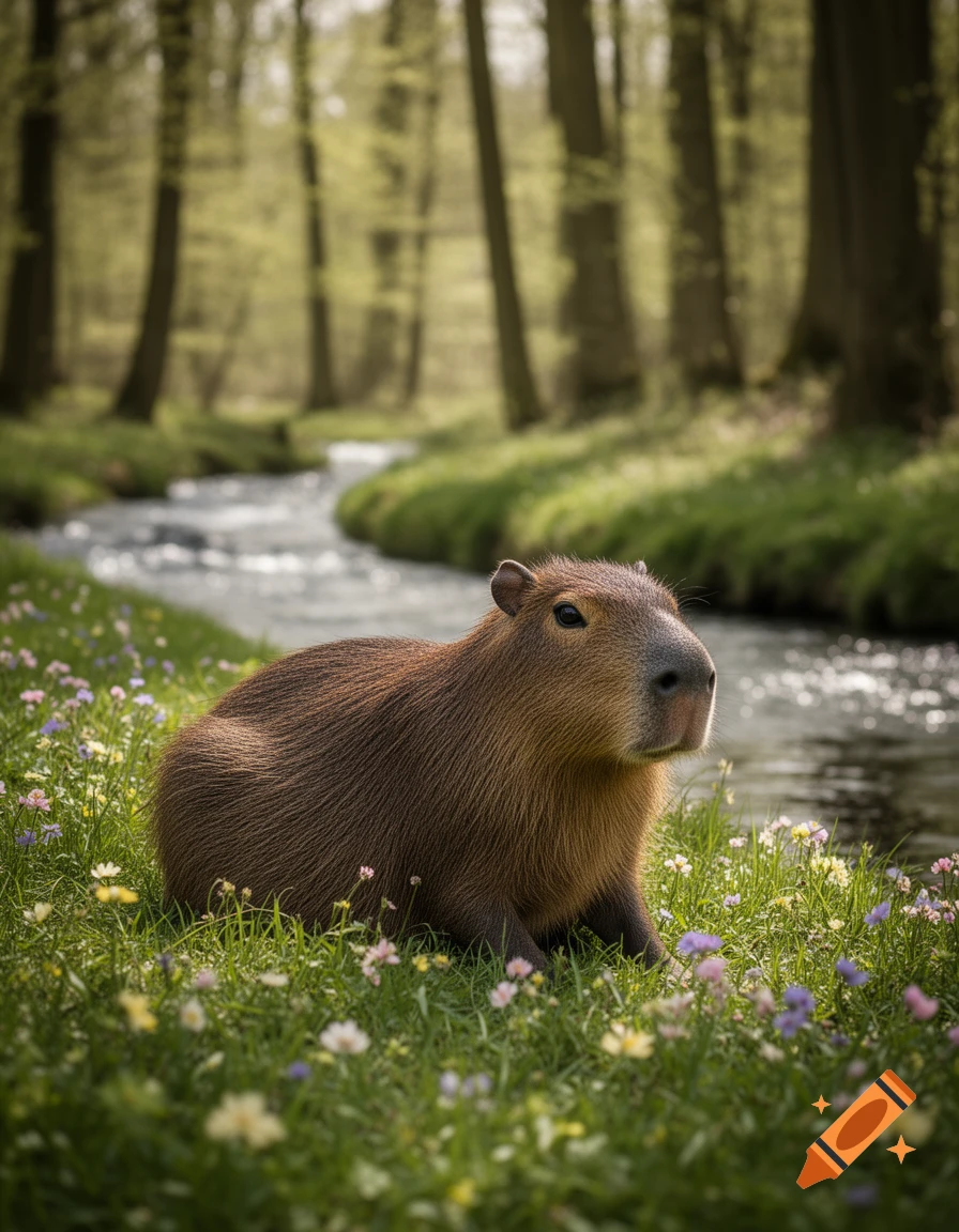 A photorealistic capybara sits among wildflowers by a stream in a sunlit forest.
