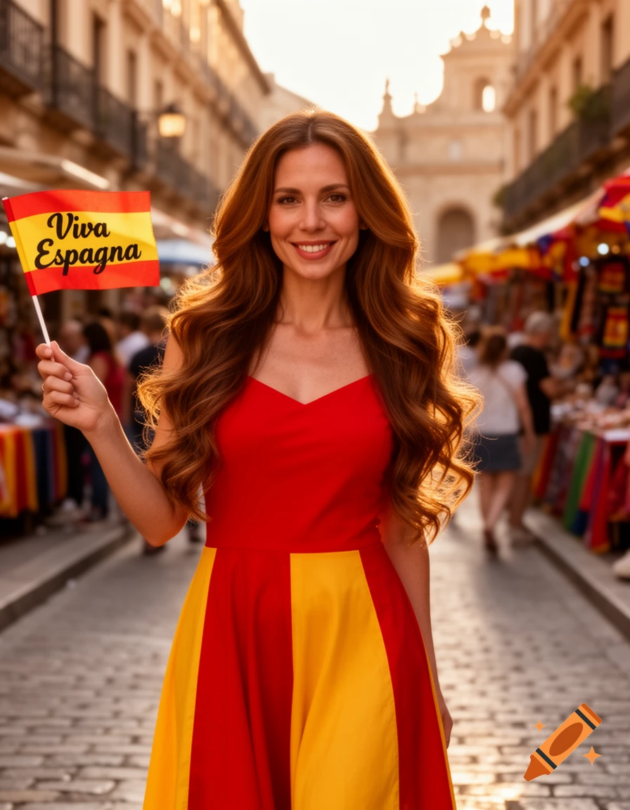 A smiling woman with long brown hair, wearing a red and yellow dress, holds a Spanish flag on a sunny city street.