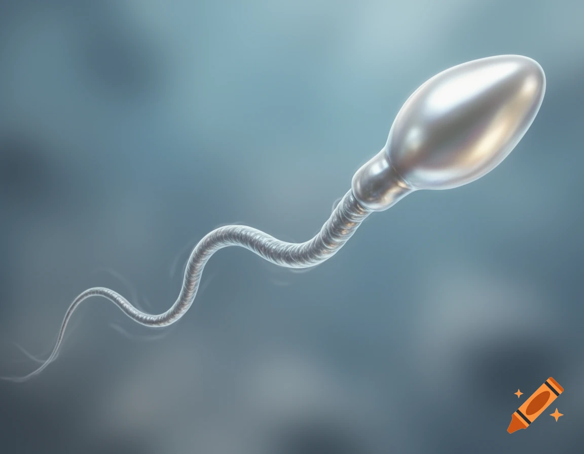 A close-up, photorealistic render of a single human sperm cell with a metallic sheen, against a blurred blue-grey background.