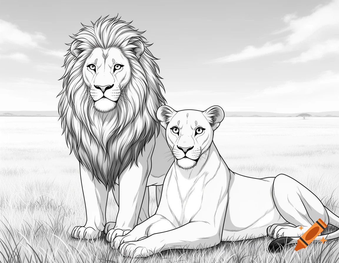 Black and white line art of a lion standing and a lioness lying in a savanna with manga-style eyes.