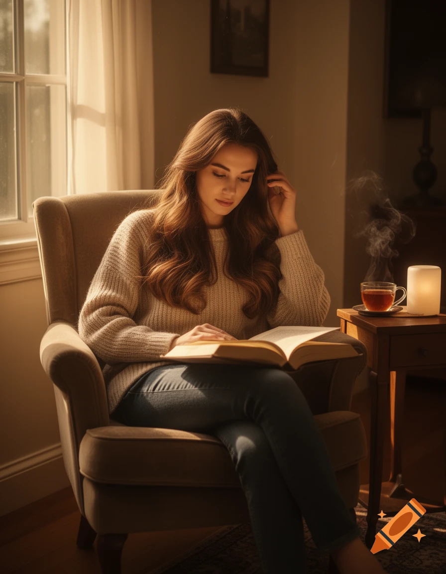 A brunette woman reads a book in a cozy armchair by a window, with a steaming cup nearby, photorealistic.