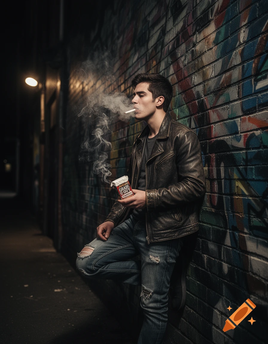 A young man in a leather jacket and ripped jeans leans against a graffiti-covered brick wall, smoking a cigarette and holding a pack of "GRADE O GUY Cigarettes" in a dark alley at night.