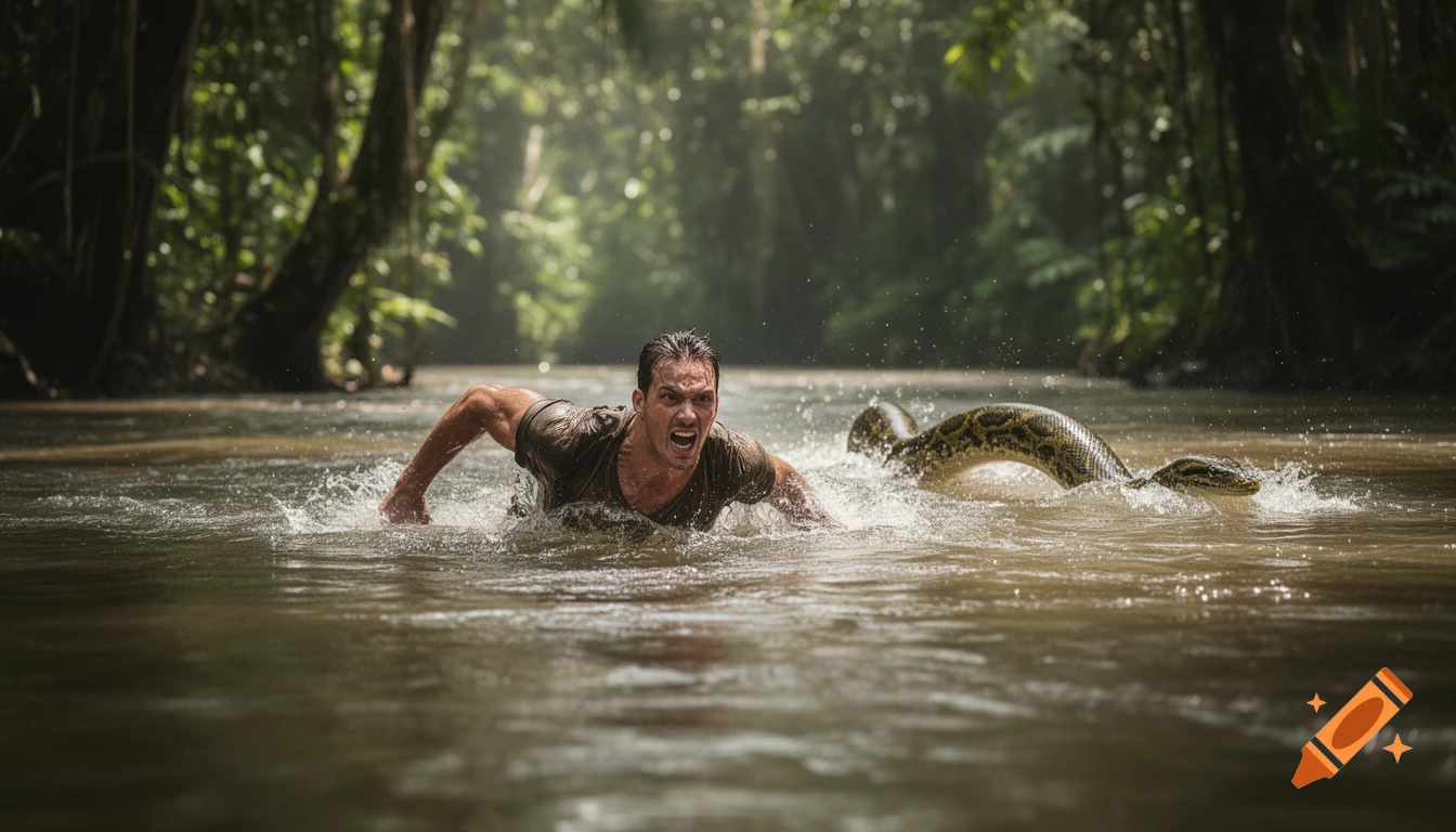A man screams and struggles in a murky jungle river, with a large anaconda splashing behind him in a photorealistic style.