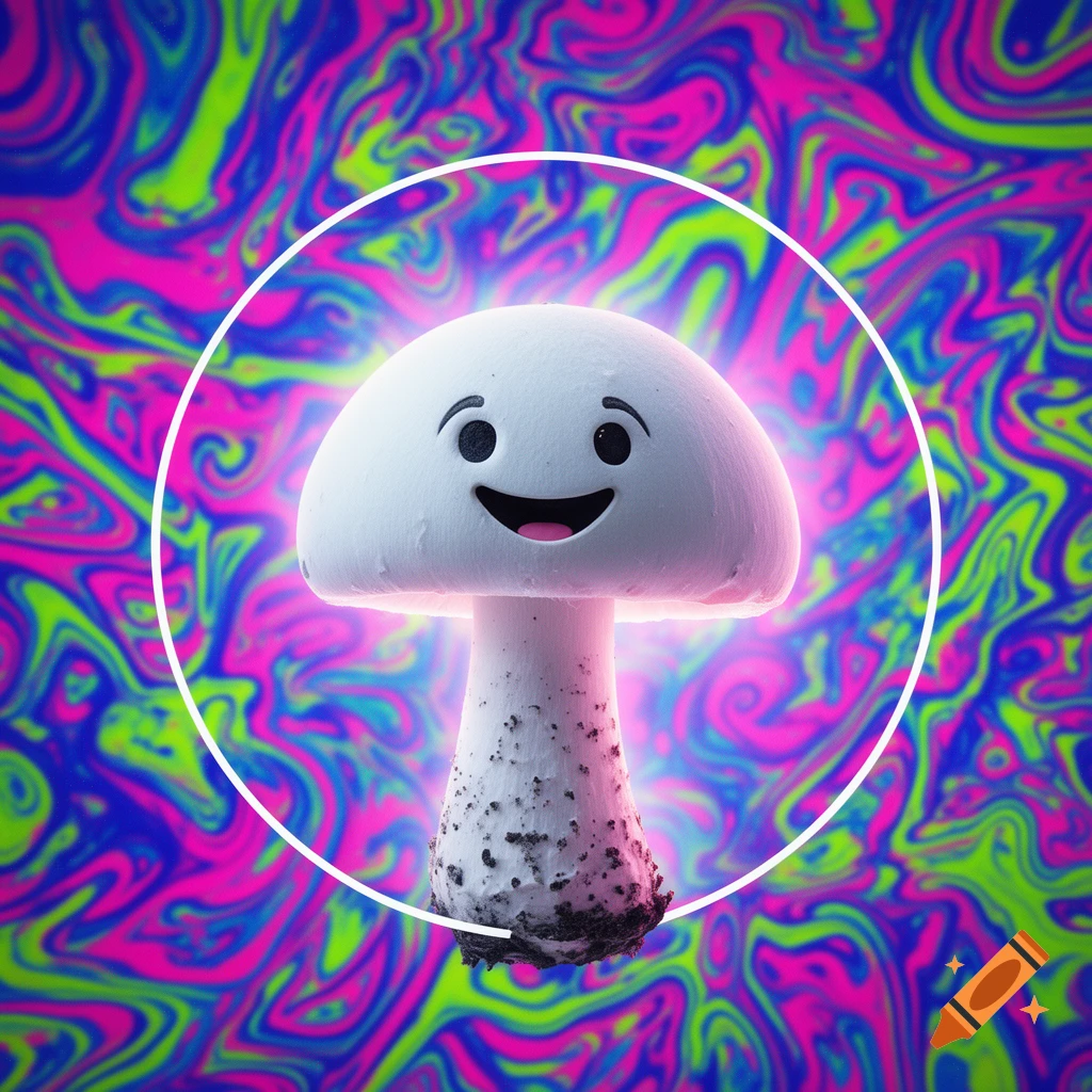 A white mushroom with a happy emoji face in a white circle against a vibrant, swirling psychedelic background of pink, blue, and green.