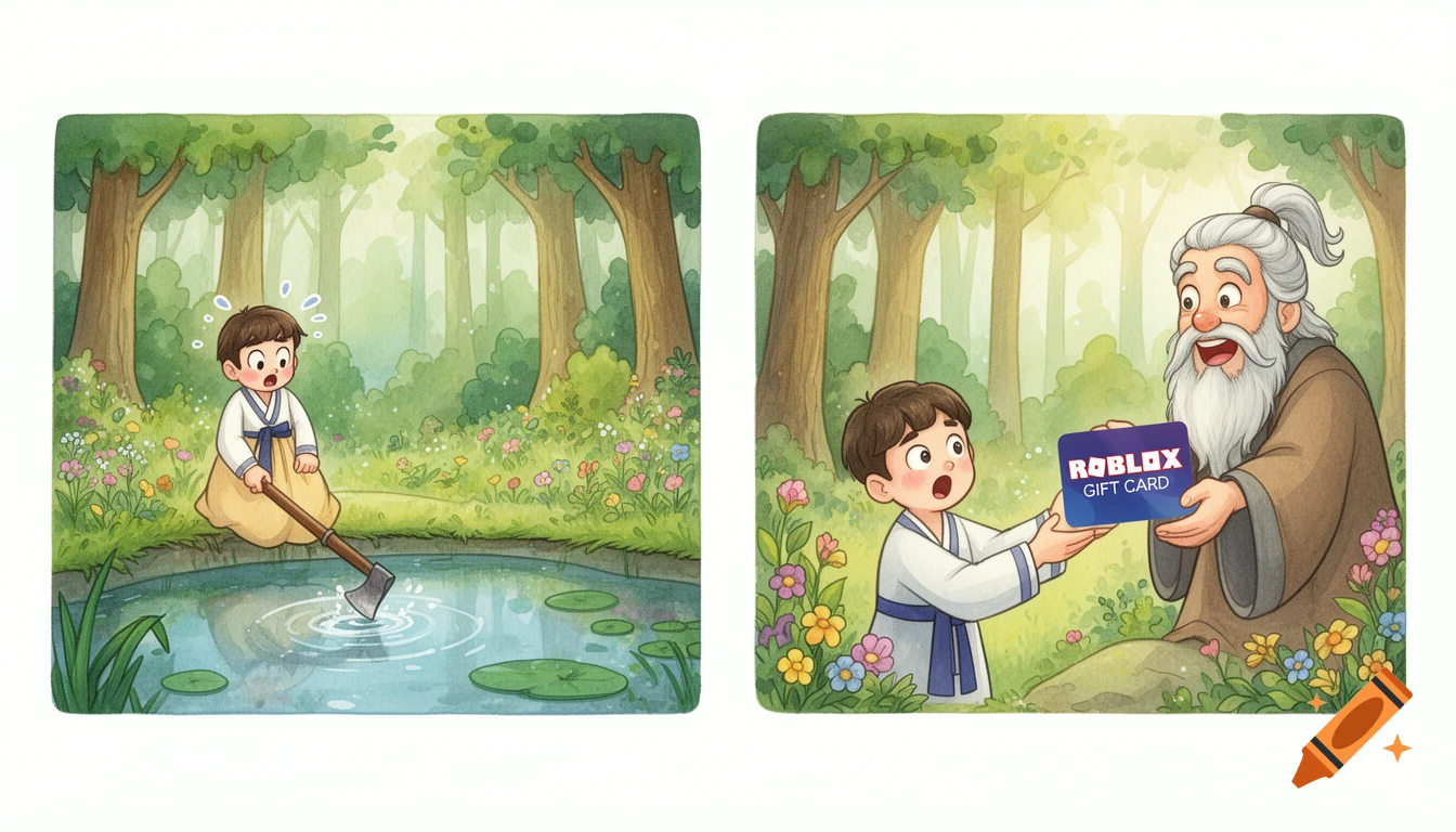 Watercolor illustration. A woodcutter drops an axe in a forest pond; a mountain spirit gives him a Roblox gift card.