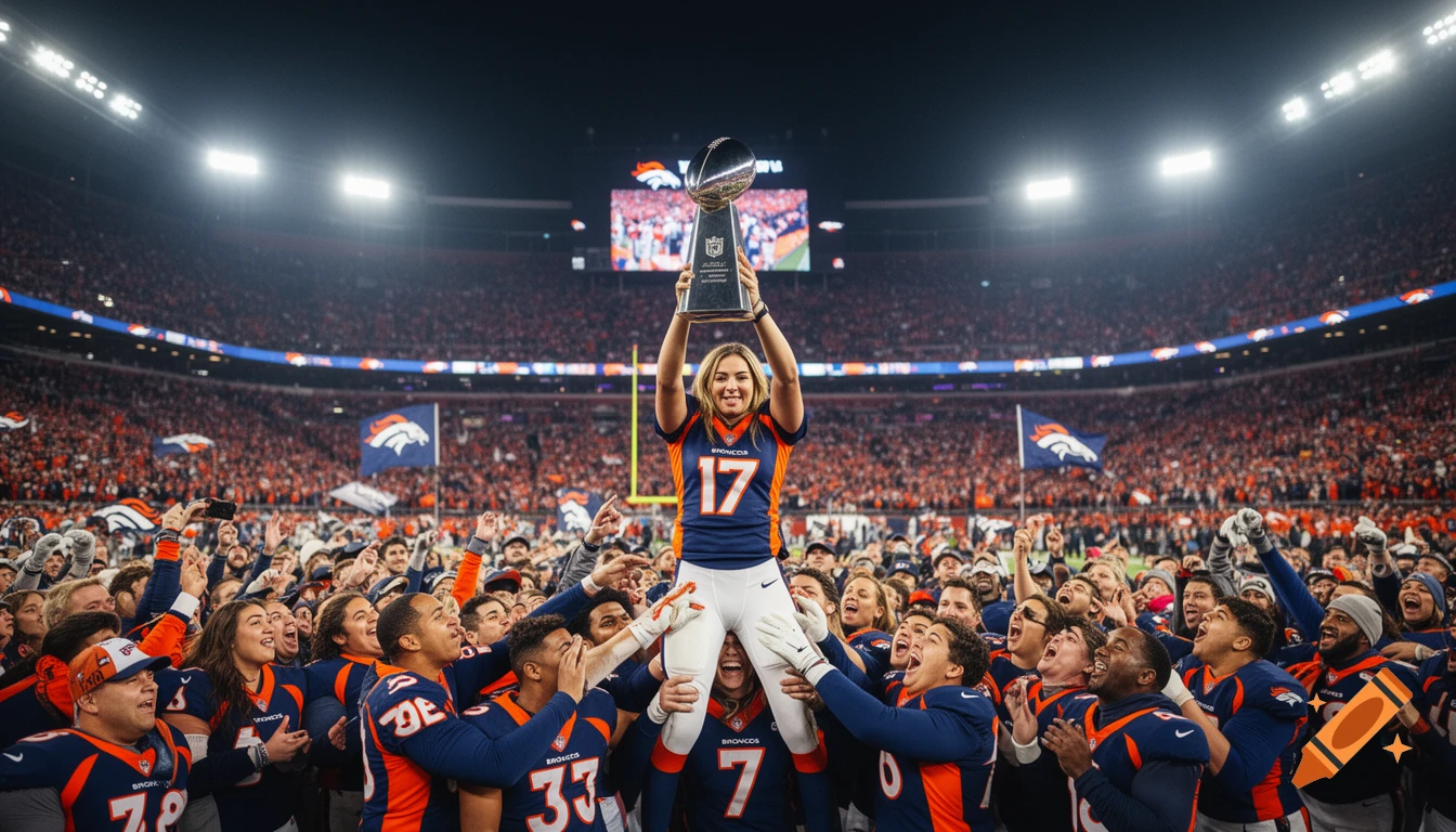 A woman in a Denver Broncos uniform, number 17, holds the Super Bowl trophy while lifted by cheering teammates and fans in a packed football stadium.