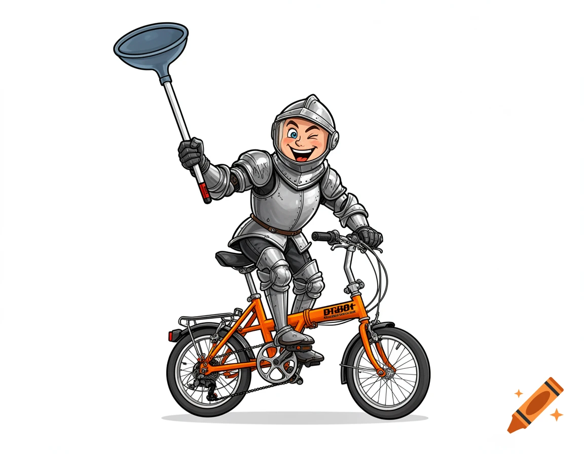 Cartoon knight in shiny armor riding an orange folding bicycle and holding a toilet plunger, on a white background.