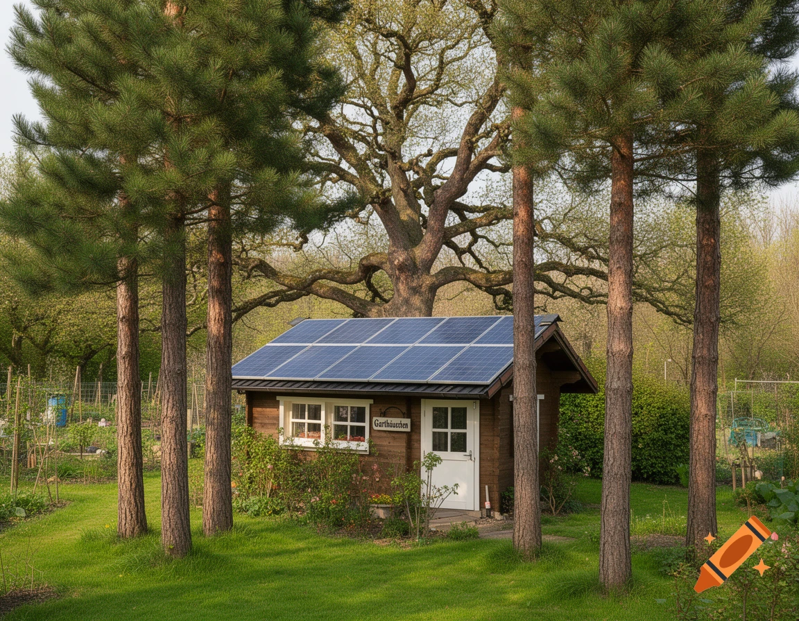 A rustic wooden shed with solar panels on its roof, nestled in a lush green garden surrounded by tall pine trees and a large oak.