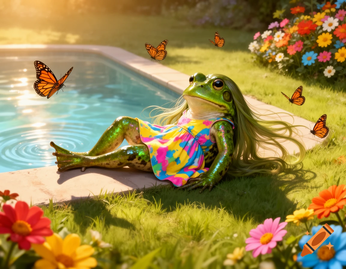 A long-haired frog in a colorful dress relaxes by a pool, surrounded by butterflies and flowers in a sunny, magical outdoor scene.