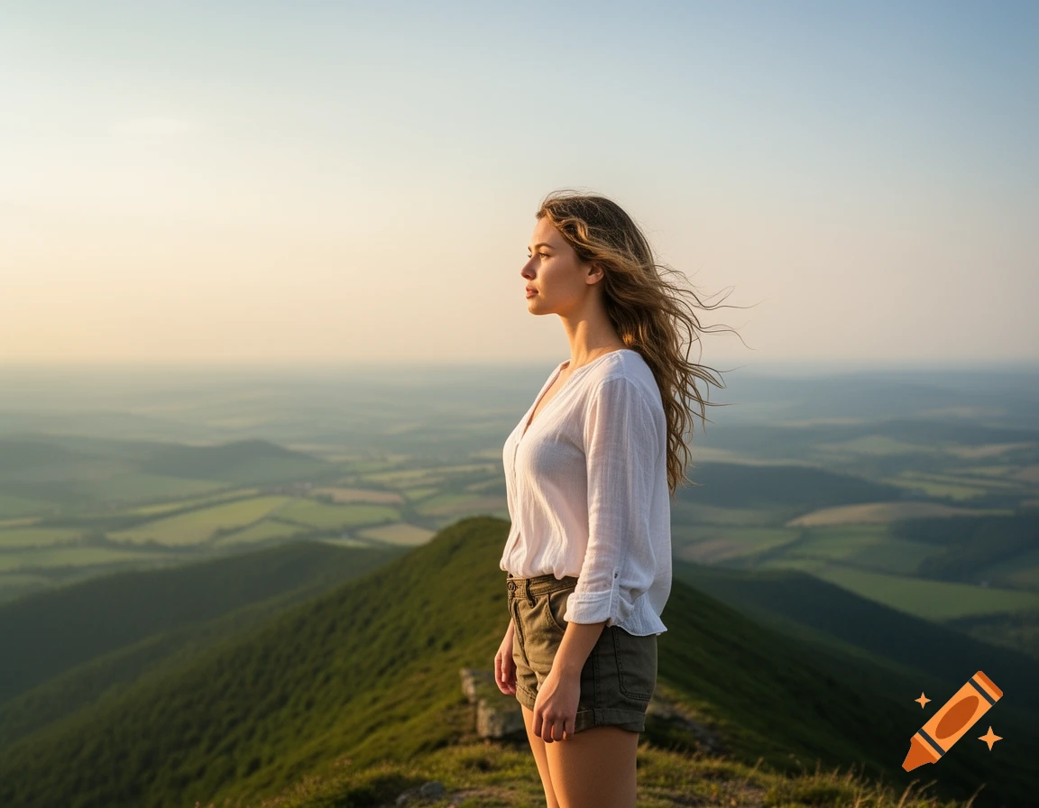 A young woman stands on a mountain peak, looking out at a vast, green landscape under a clear sky at sunset. Photorealistic.