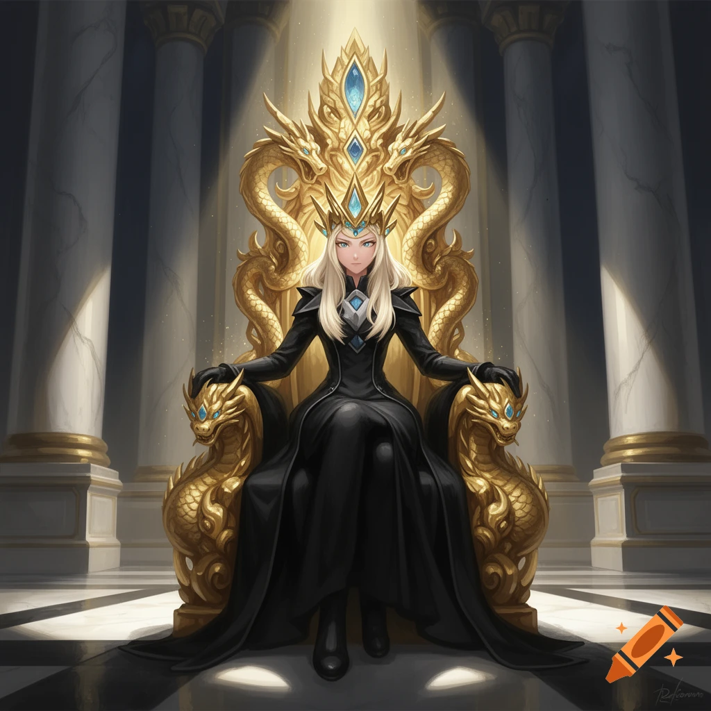 An anime-style blonde queen with blue eyes sits confidently on a golden, dragon-adorned throne in a grand hall.
