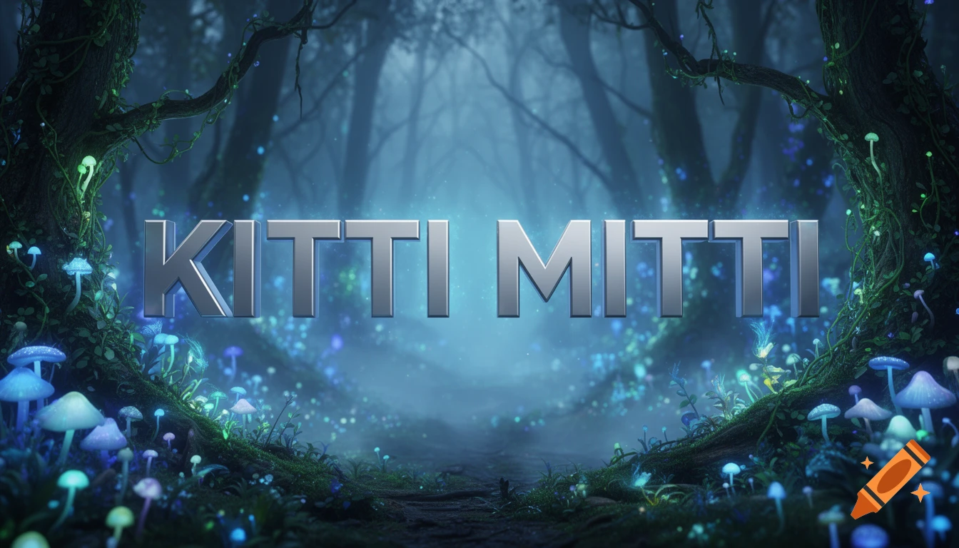 3D metallic text "KITTI MITTI" floats in a magical enchanted forest with glowing blue and green bioluminescent mushrooms and plants.
