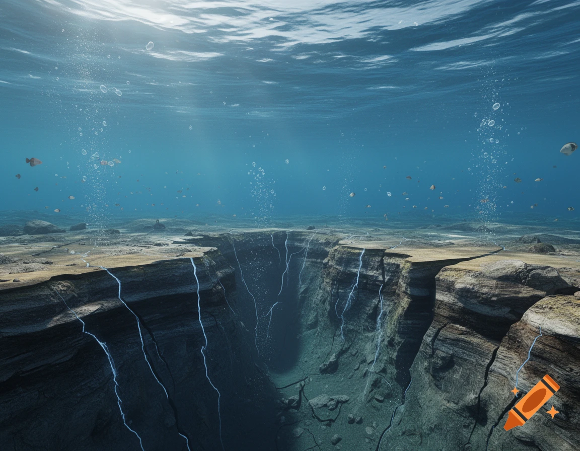 A realistic underwater view of a deep chasm in the seabed, with light rays piercing the surface, scattered bubbles, and small fish.