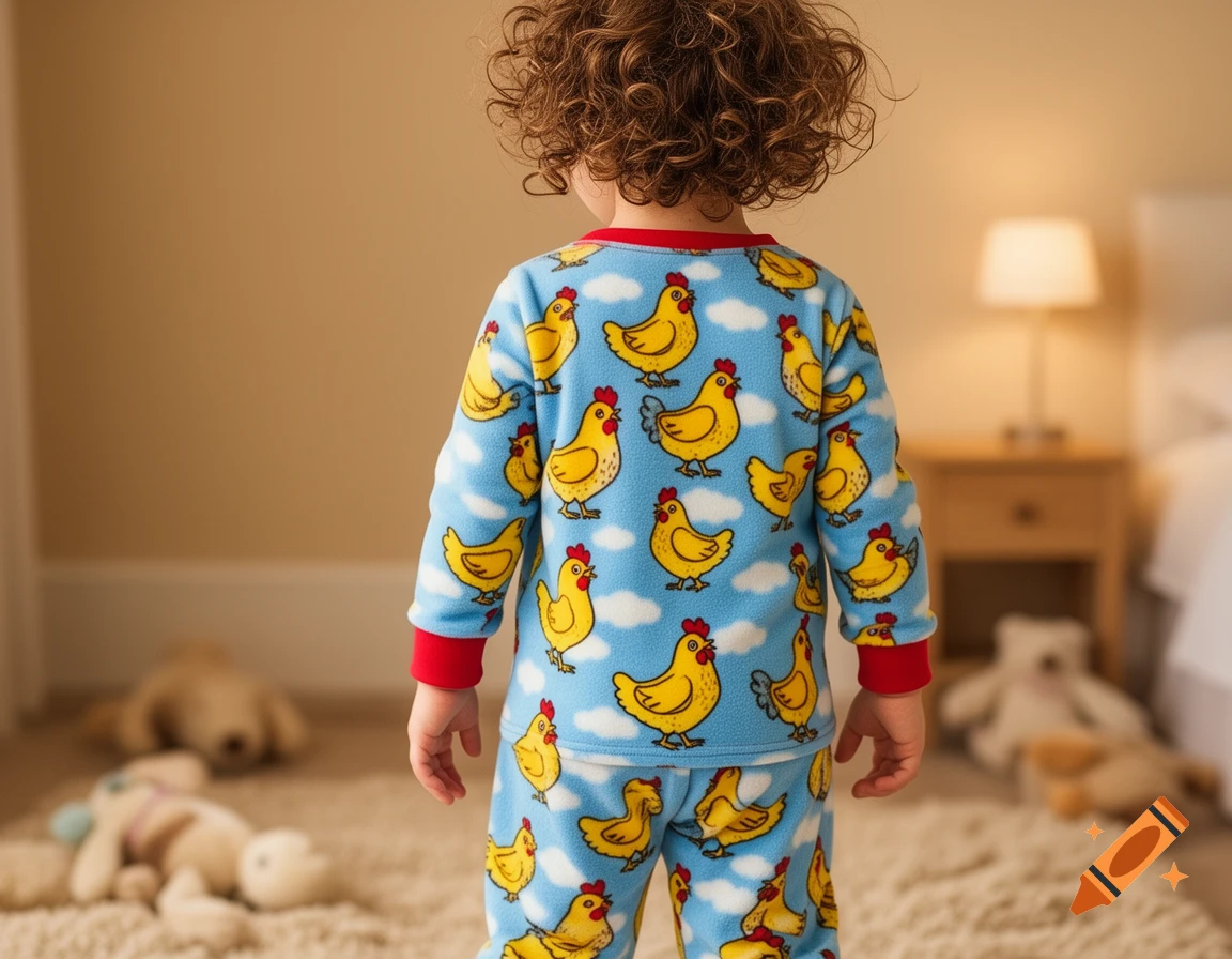 A young child from behind wears blue pajamas with yellow chicken and cloud patterns, standing in a bedroom.