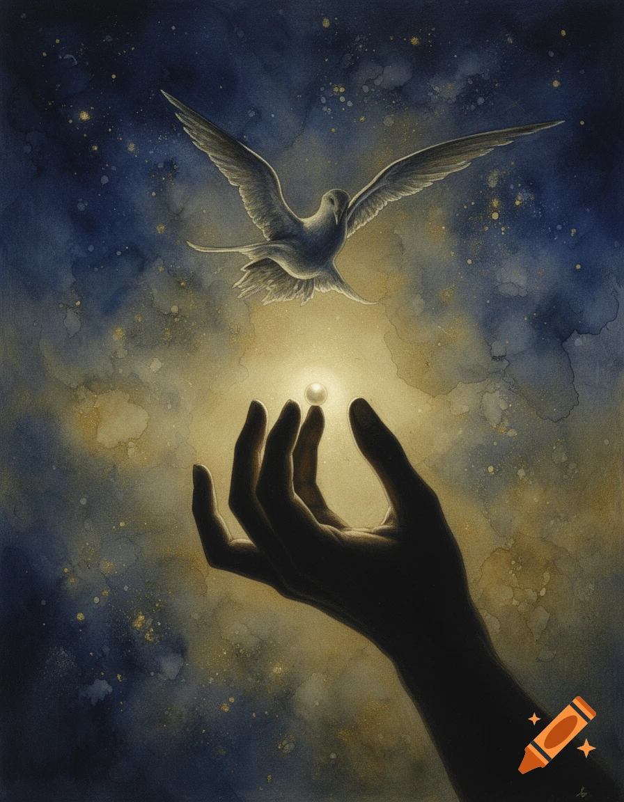 Watercolor painting of a silhouetted hand holding a glowing pearl, with a bird flying overhead against a starry, cosmic background.
