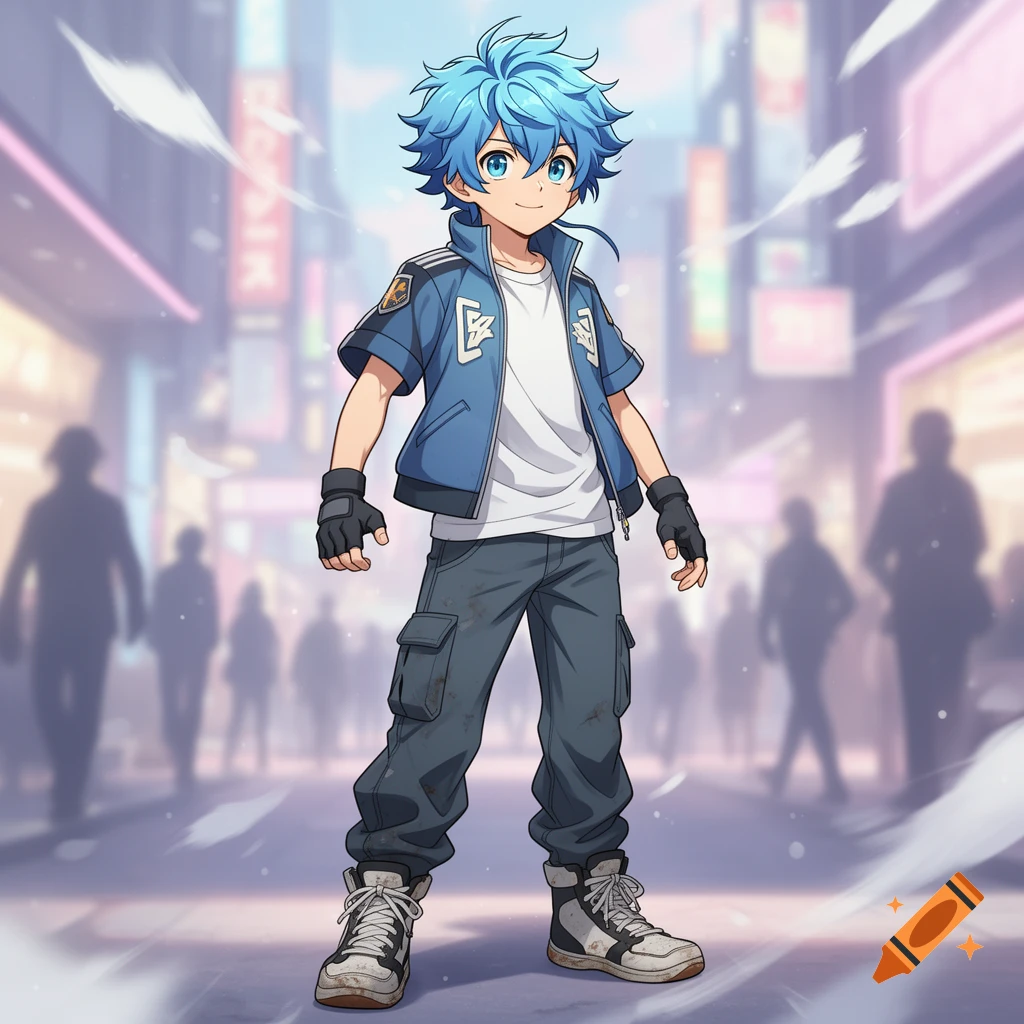 An anime boy with blue spiky hair, wearing a blue jacket, white t-shirt, and cargo pants, stands in a bustling city street.