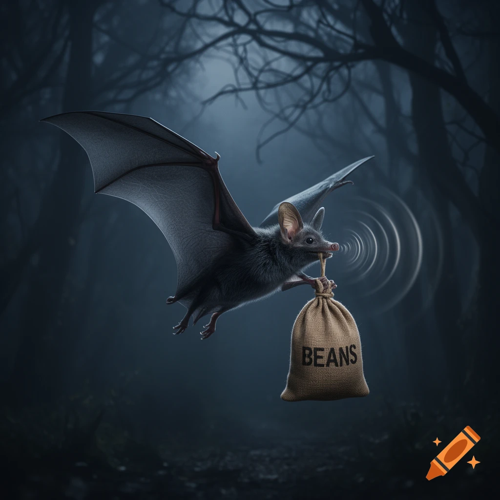 A photorealistic bat flies through a dark, misty forest, carrying a burlap sack labeled 'BEANS' in its mouth, with echo-location rings.