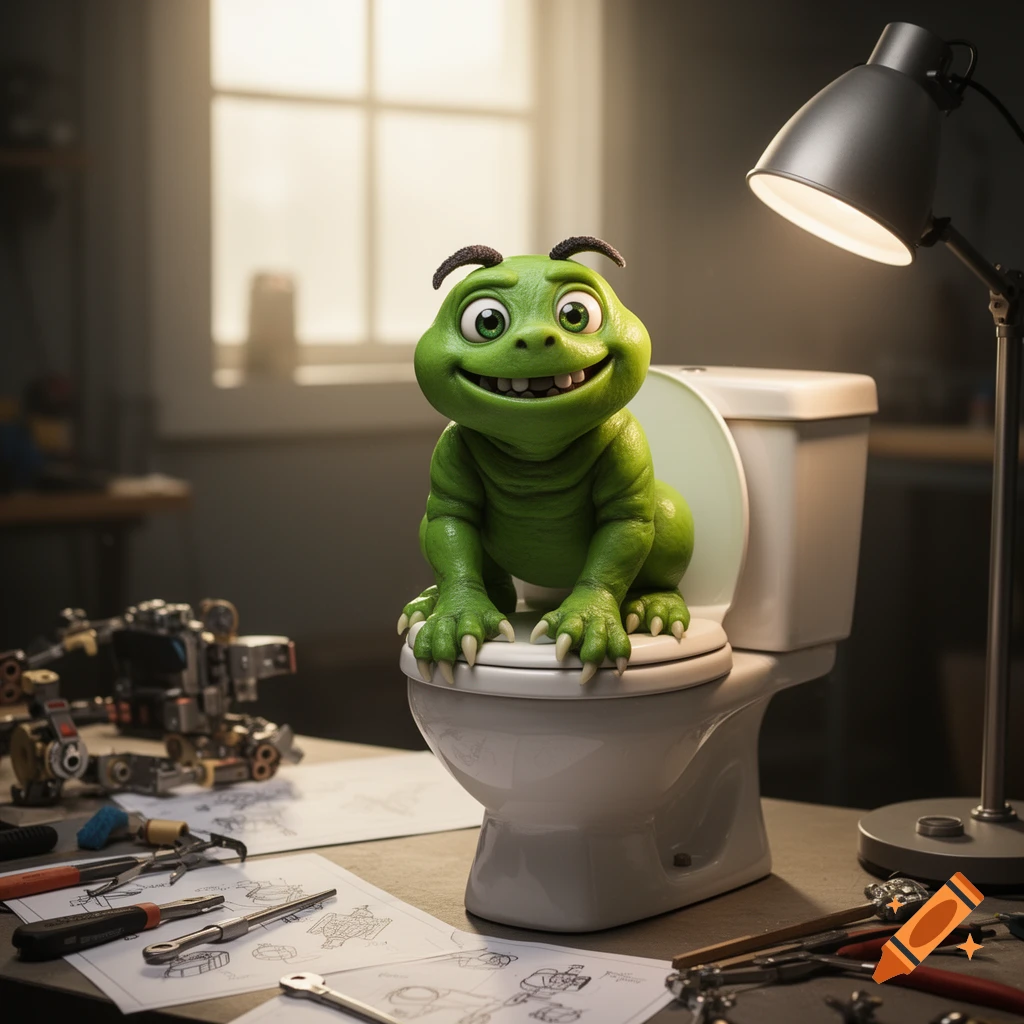 A cute green monster with large eyes and antennae sits on a toilet, surrounded by tools and blueprints in a workshop.
