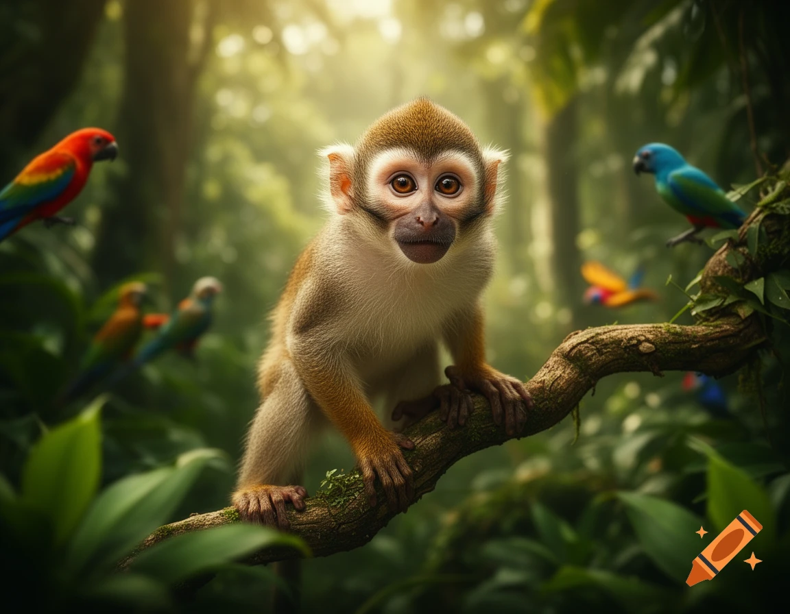 A small, wide-eyed monkey perches on a mossy branch in a sunlit jungle, with colorful birds in the background.