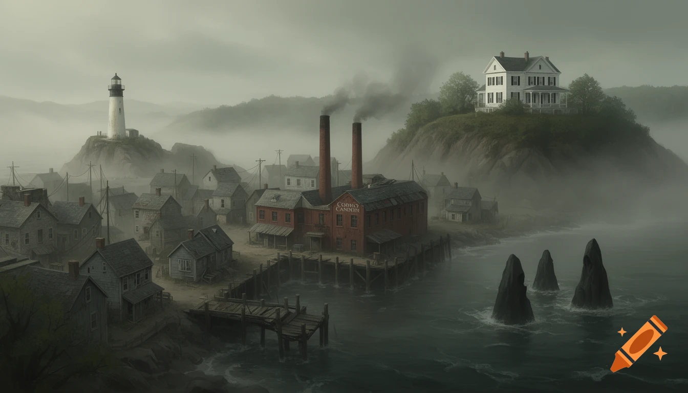 A foggy, moody painterly digital illustration of a 1920s New England fishing village with a cannery, lighthouse, and mansion.