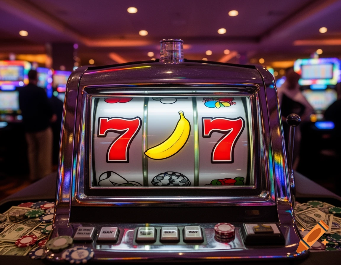 Close-up of a slot machine in a casino, showing two red sevens and a yellow banana on the reels, with chips and money around it.